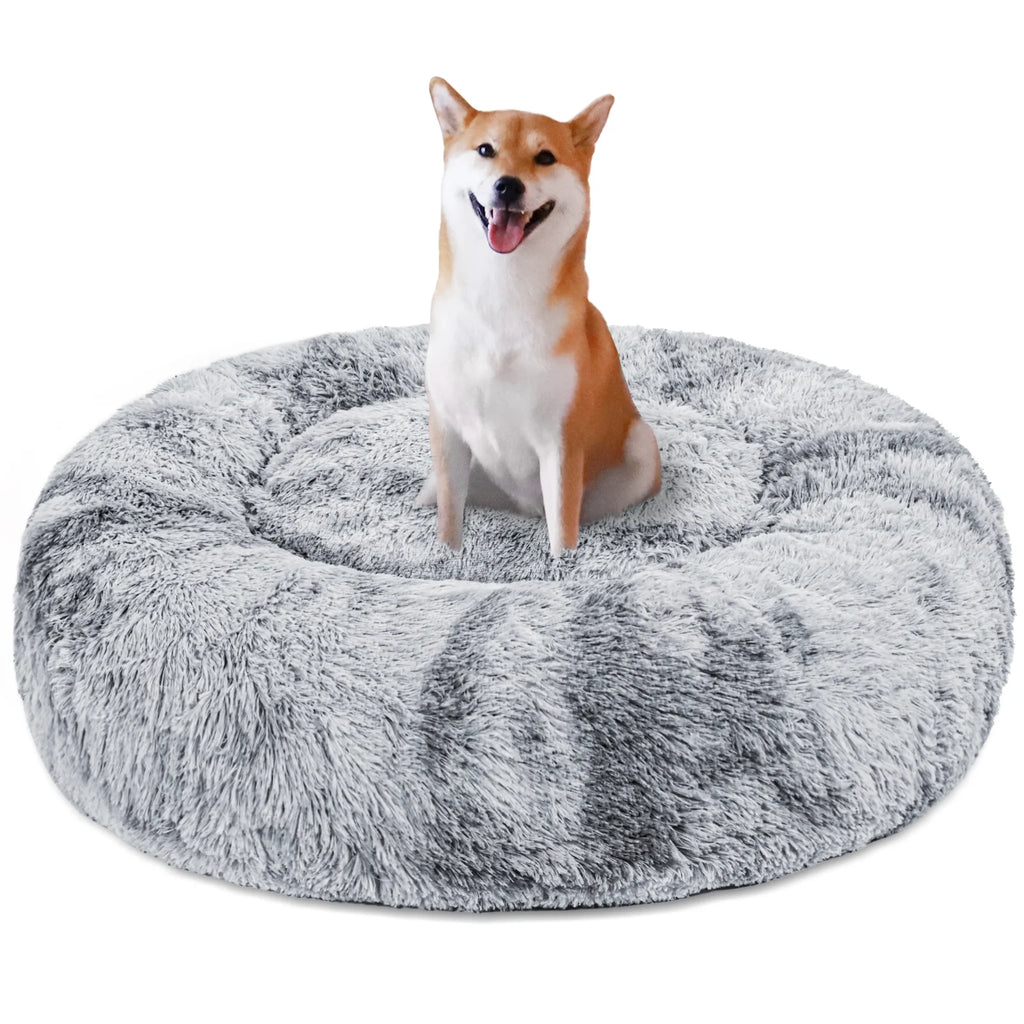 Calming Donut Pet Bed for Medium Dogs 32", Anti-Anxiety Plush Cozy Warming Dog Bed, Grey