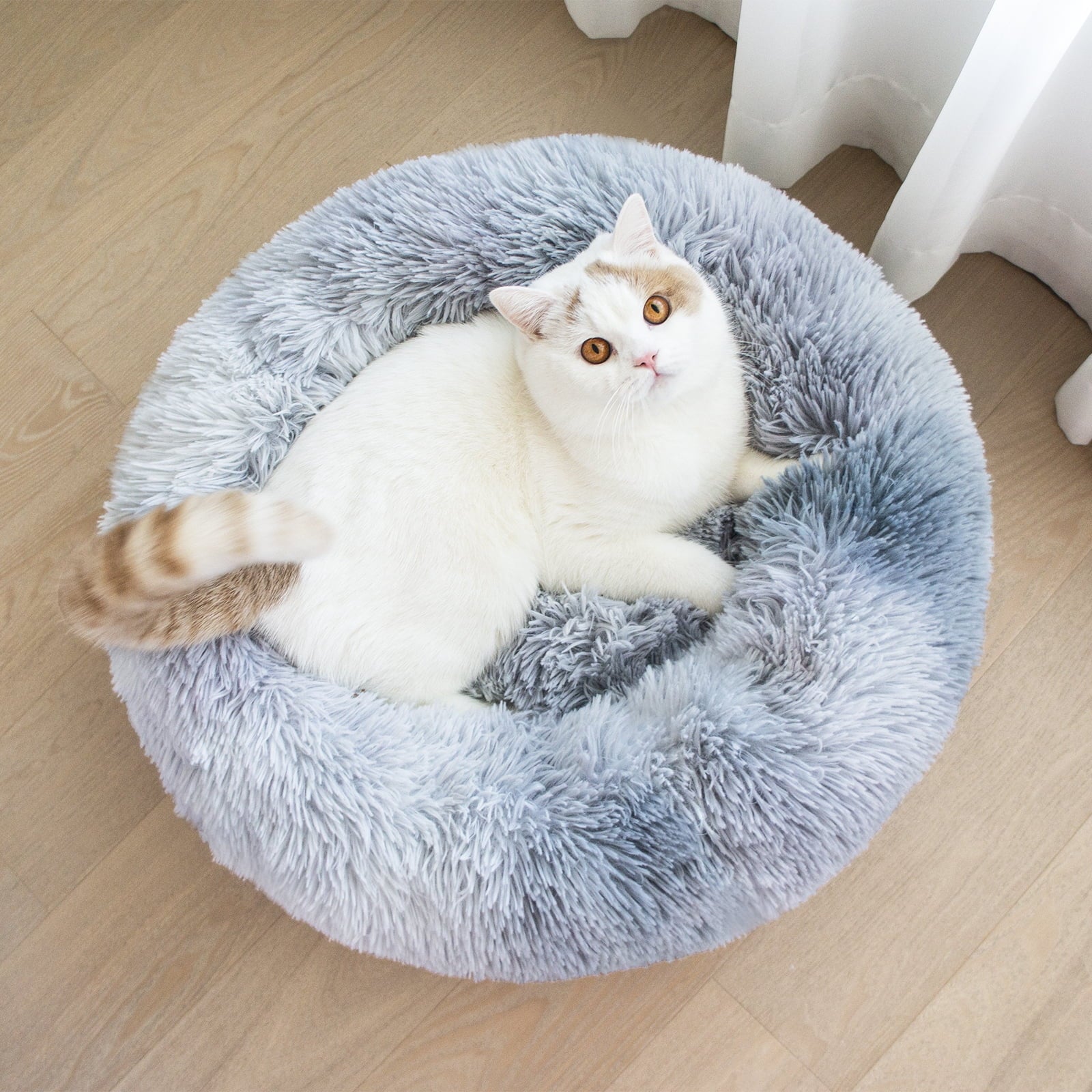 Calming Donut Pet Bed for Medium Dogs 32", Anti-Anxiety Plush Cozy Warming Dog Bed, Grey