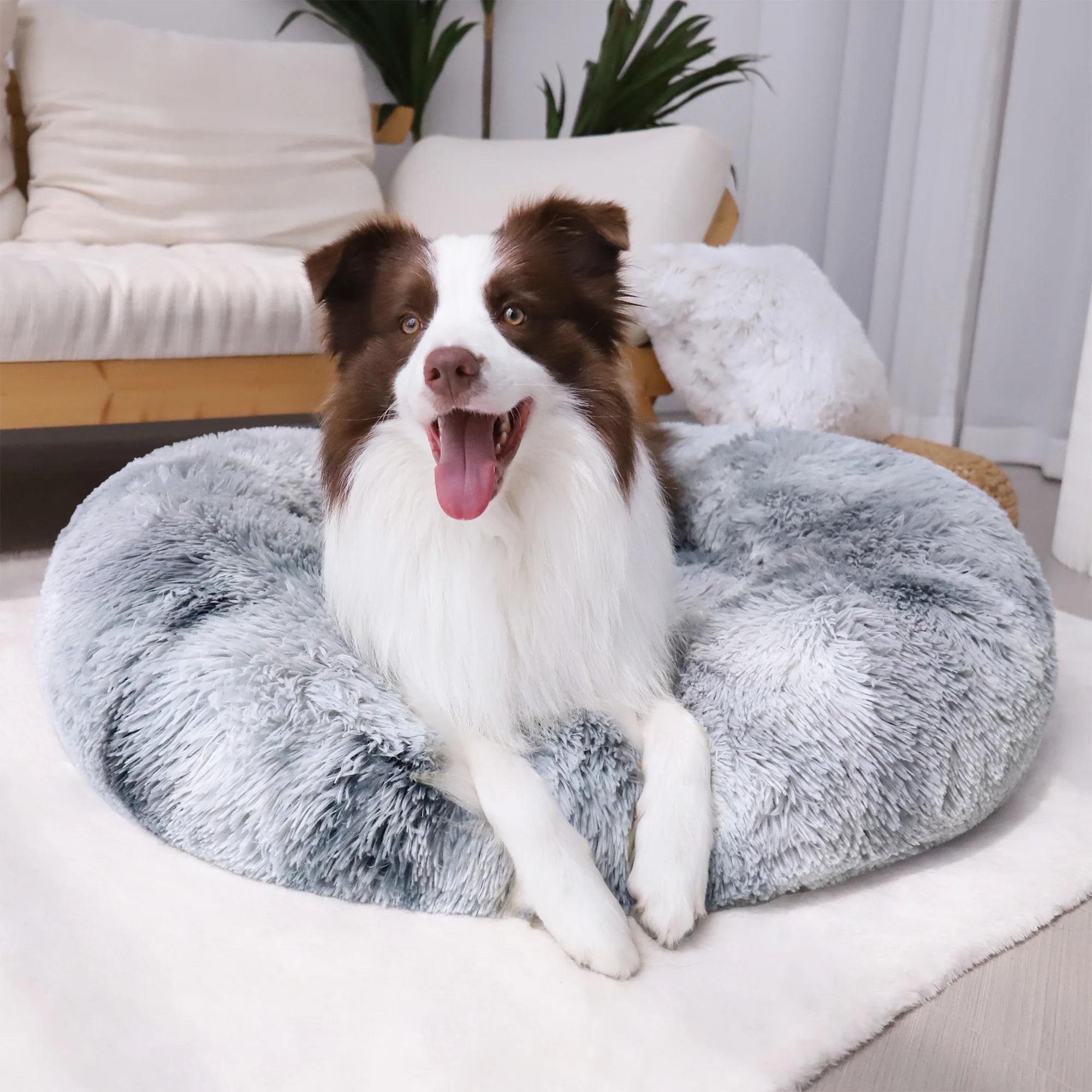 Calming Donut Pet Bed for Medium Dogs 32", Anti-Anxiety Plush Cozy Warming Dog Bed, Grey